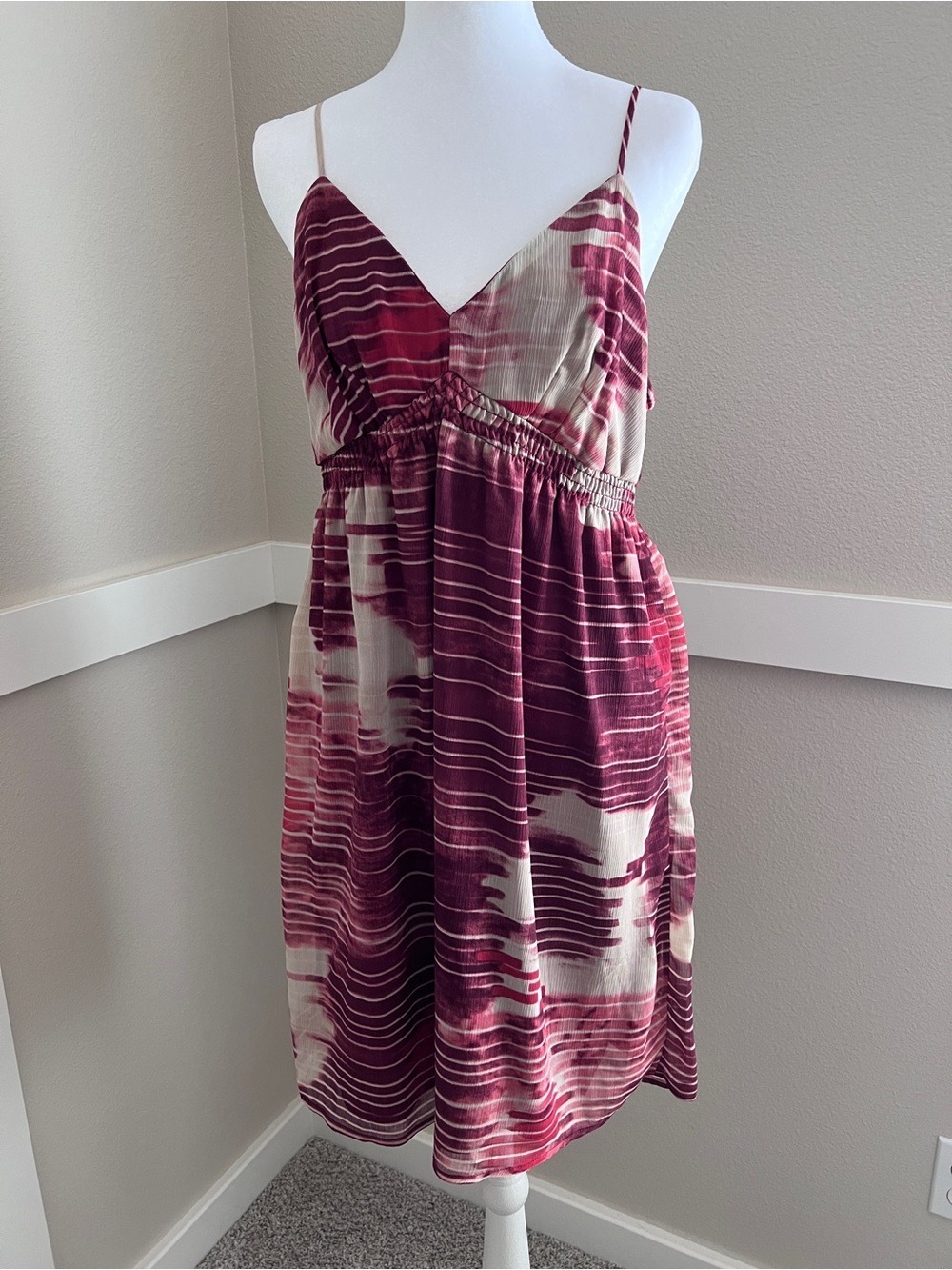 Vintage Y2K Mossimo Geometric Striped Babydoll Mini Dress Maroon Red - Size Lg